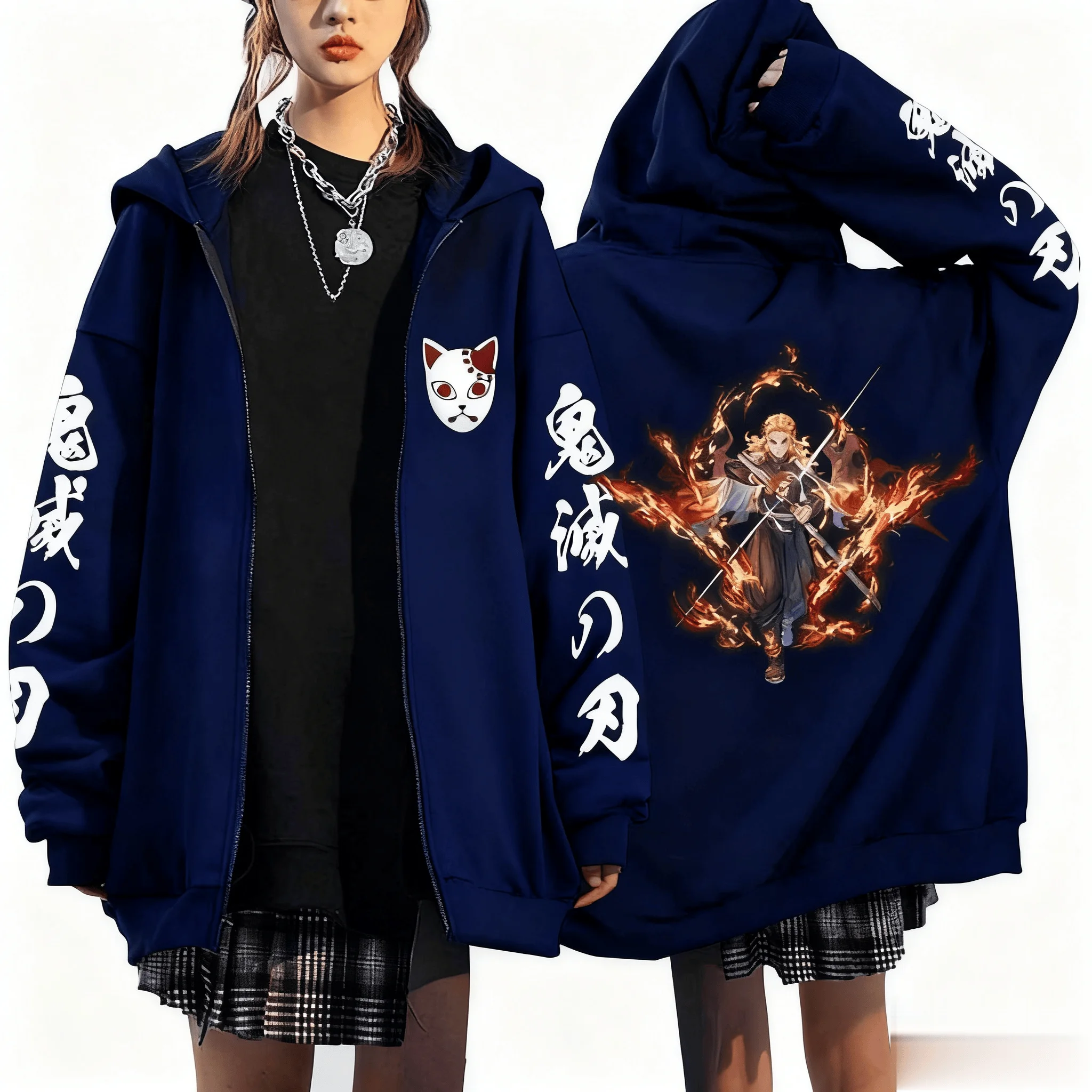 Kyojuro Rengoku Anime Hooded Jacket Men Women Loose Casual Streetwear Zip Up Sweatshirt Demon Slayer Graphic Print Autumn Winter