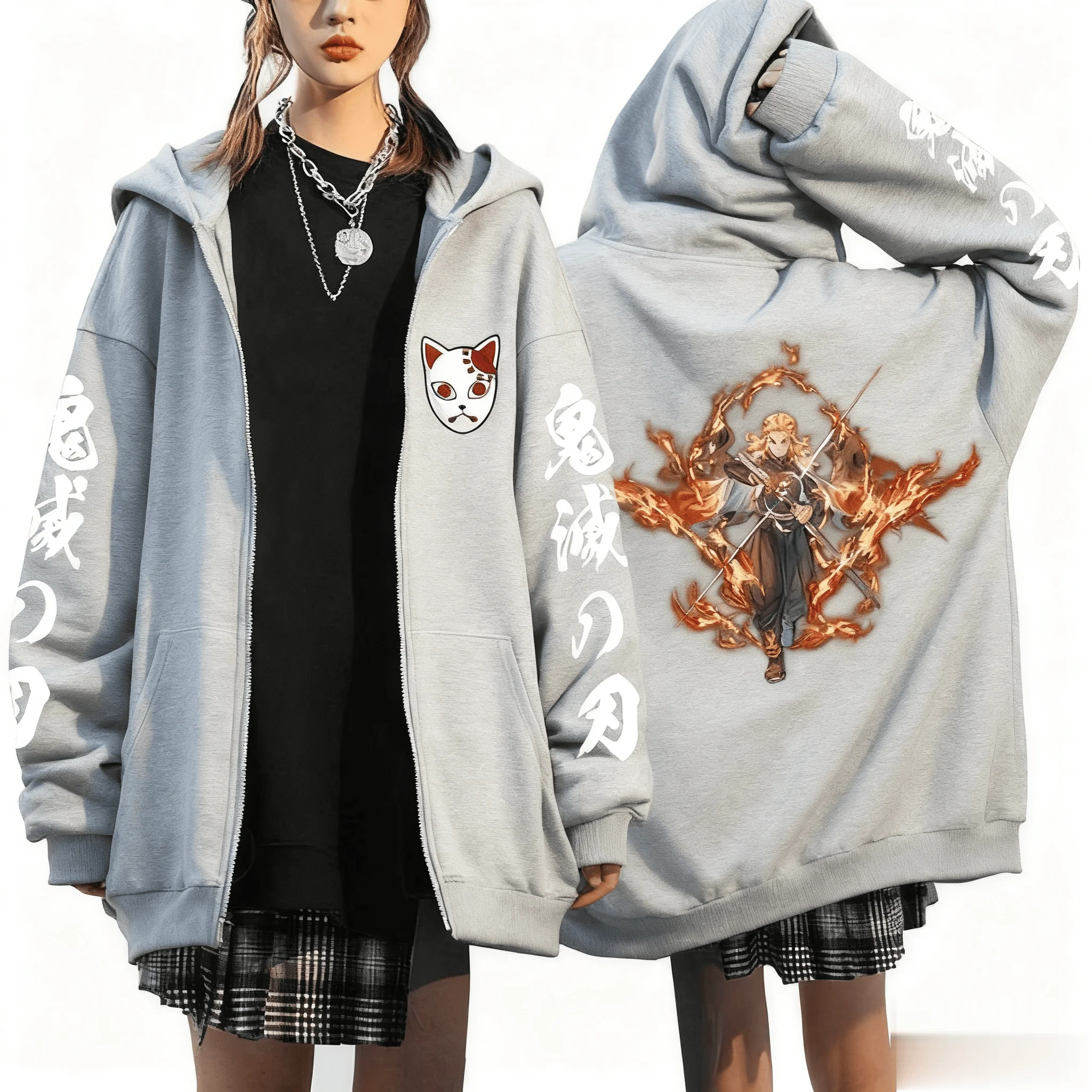 Kyojuro Rengoku Anime Hooded Jacket Men Women Loose Casual Streetwear Zip Up Sweatshirt Demon Slayer Graphic Print Autumn Winter