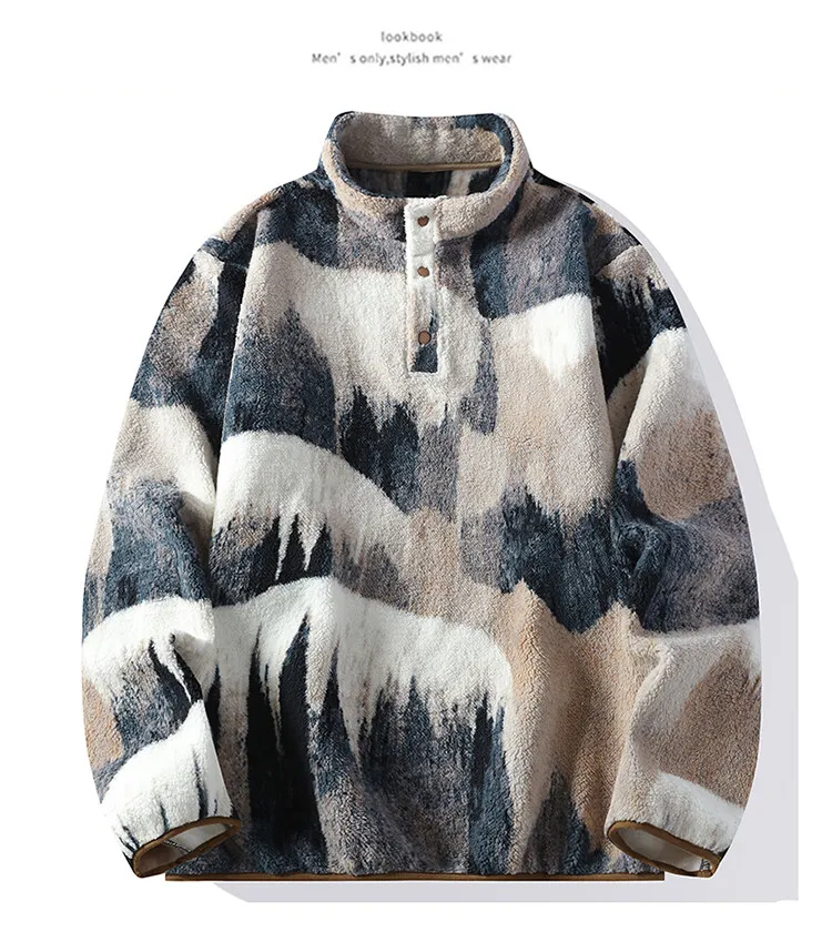 Autumn Winter Men's Fleece Thicken Warm Stand Collar Sweater Printed Knit Sweater Base Pullovers Printing Hoodie