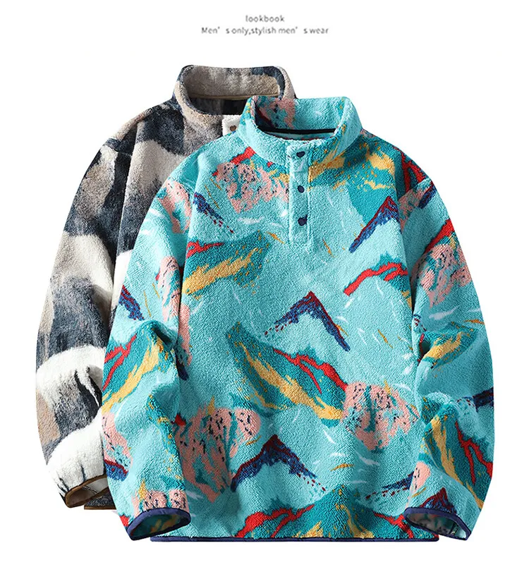 Autumn Winter Men's Fleece Thicken Warm Stand Collar Sweater Printed Knit Sweater Base Pullovers Printing Hoodie