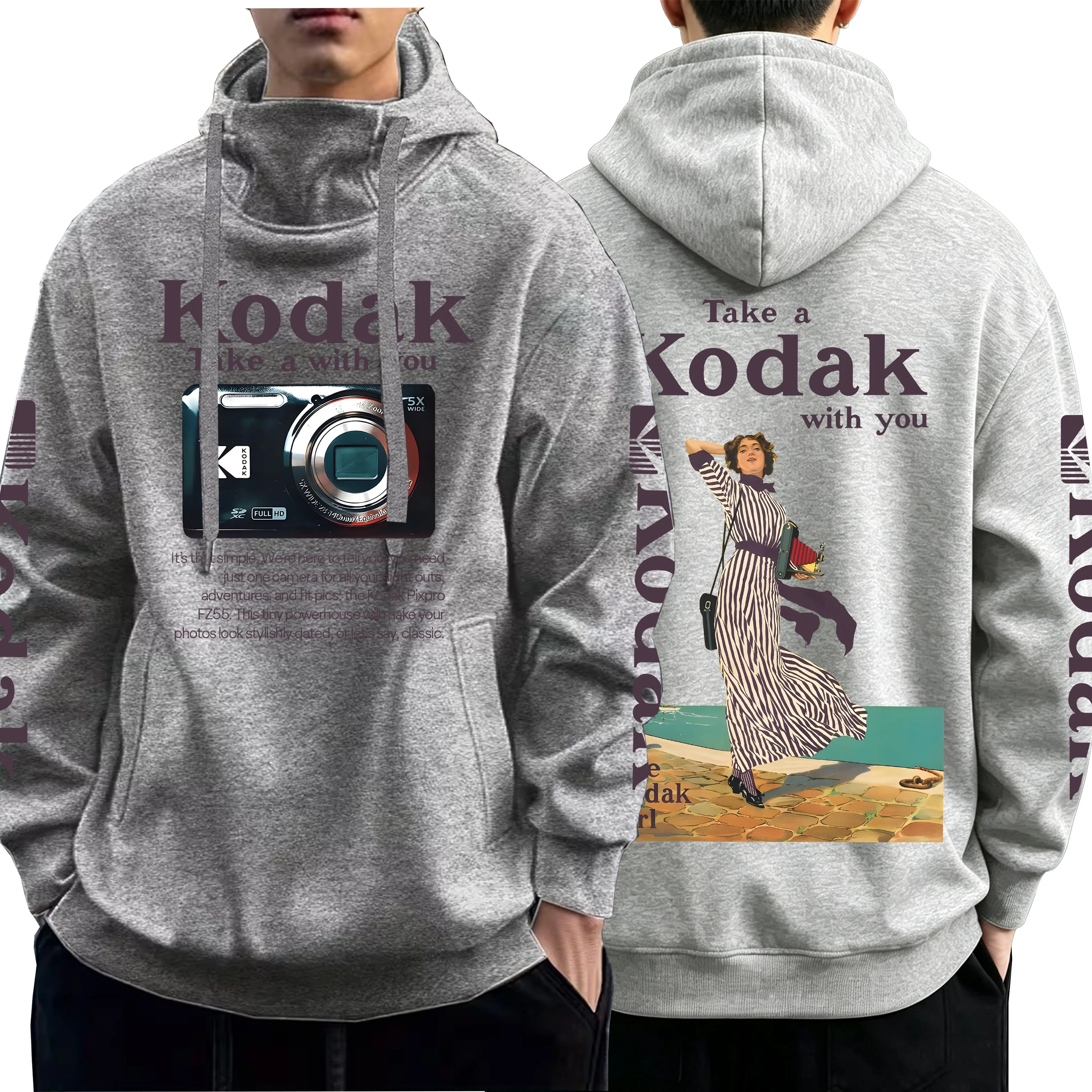 Spring and Autumn Men's Kodak Film Camera Pattern High Collar Hoodie Couple Casual Street Wear Kodak Girls' Hoodie Loose Hoodie