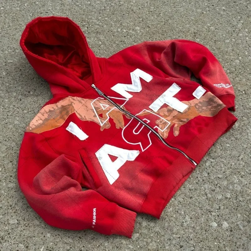 2024 American retro letter printed zipper hoodie hip hop trendy street 2K Harajuku men's punk casual colorful super sweatshirt