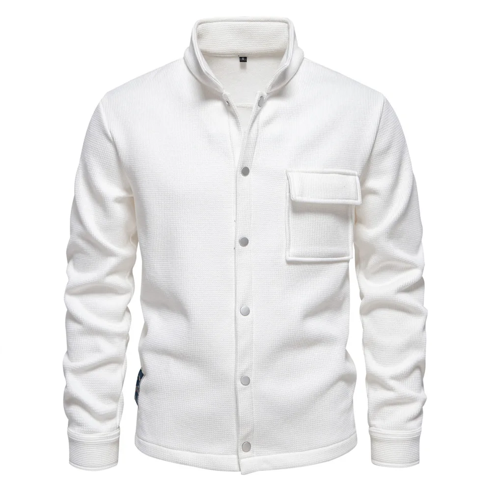 Autumn Winter Fleece Waffle Lapel Zip-Up Jacket Men's Pocket Casual Outerwear