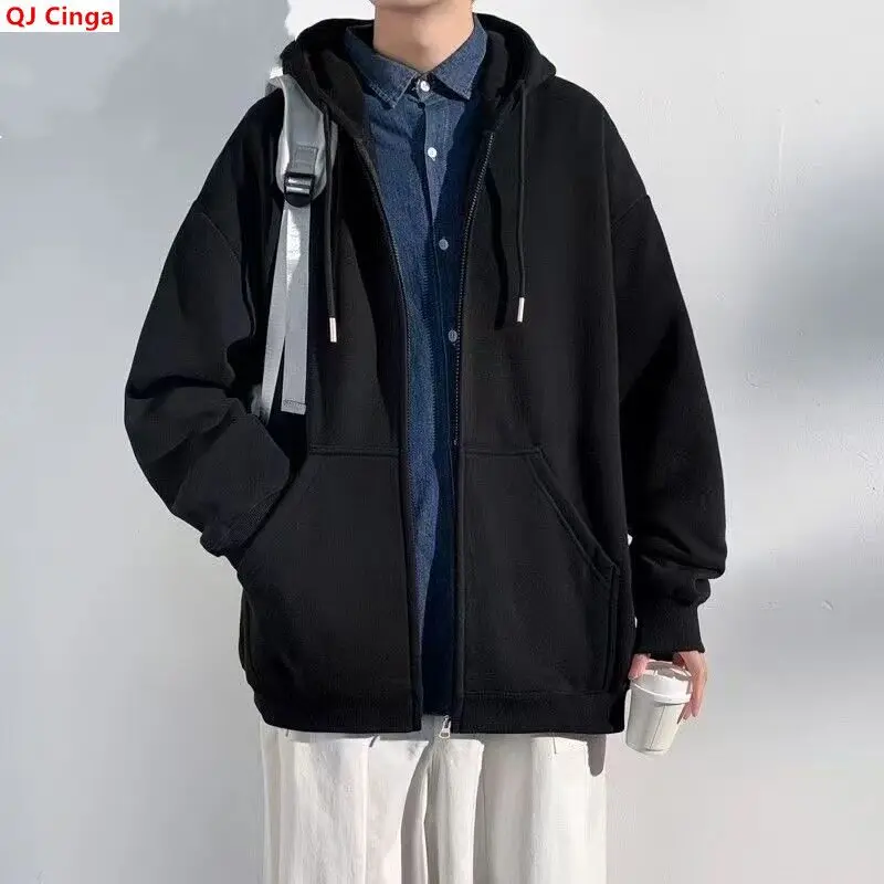 Men's Spring 2027 Hooded Sweatshirt Jacket, Lightweight and Loose-Fitting Fall Top, Available in Gray, Black, and Brown.