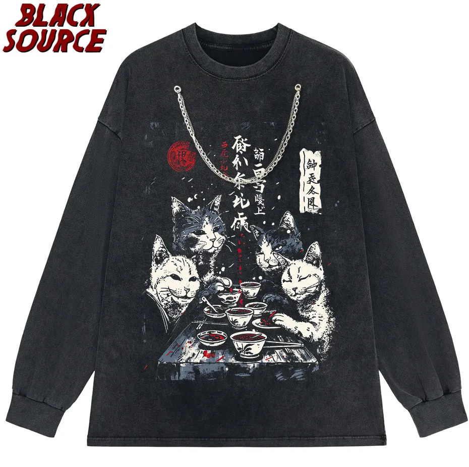 T0220 Cute Ramen Japanese Cat Hoodie, Unisex Cartoon Graphic Pullover Sweatshirt, Casual Streetwear Loose Fit Daily Wear