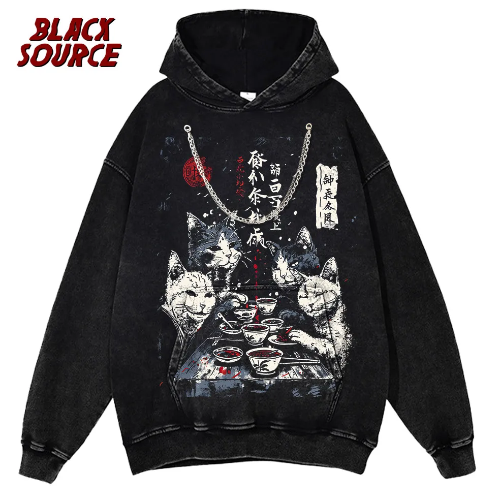 T0220 Cute Ramen Japanese Cat Hoodie, Unisex Cartoon Graphic Pullover Sweatshirt, Casual Streetwear Loose Fit Daily Wear