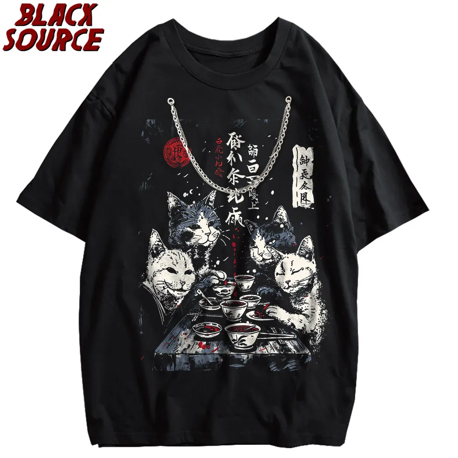 T147 Men's Japanese Harajuku Funny Drinking Cat Hoodie, Cartoon Graphic Pullover Sweatshirt, Unisex Casual Hip Hop Streetwear