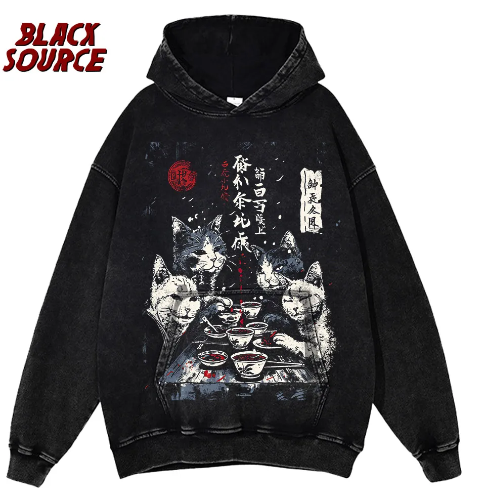 T147 Men's Japanese Harajuku Funny Drinking Cat Hoodie, Cartoon Graphic Pullover Sweatshirt, Unisex Casual Hip Hop Streetwear