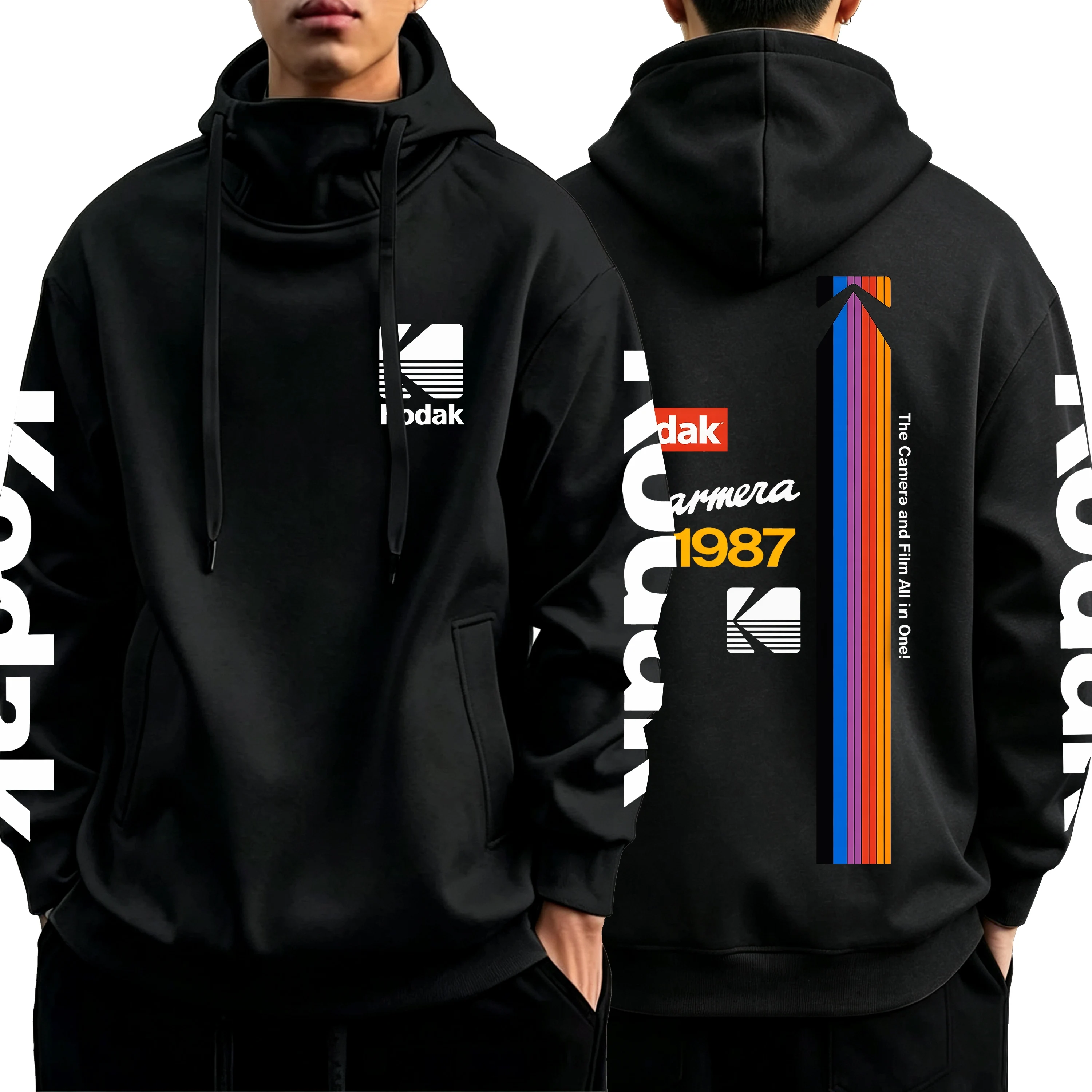 Men's Retro Kodak Camera 1987 High Neck Hoodie Women's Retro Film Camera Pattern Hoodie Sportswear Street Hip Hop Couple Hoodie