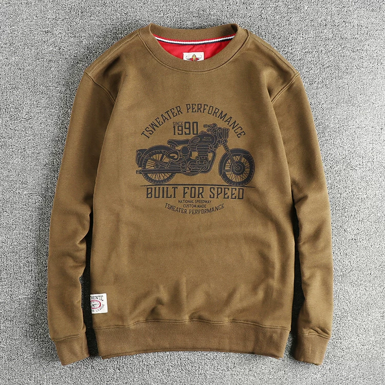 Autumn New American Retro Long Sleeve O-neck Motorcycle Printed Sweatshirts Men's Fashion Washed Terry Pullover Casual Sportwear