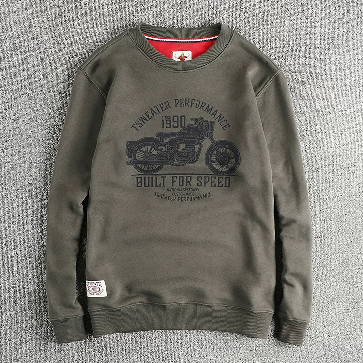 Autumn New American Retro Long Sleeve O-neck Motorcycle Printed Sweatshirts Men's Fashion Washed Terry Pullover Casual Sportwear