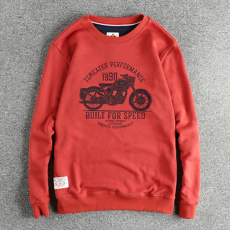 Autumn New American Retro Long Sleeve O-neck Motorcycle Printed Sweatshirts Men's Fashion Washed Terry Pullover Casual Sportwear