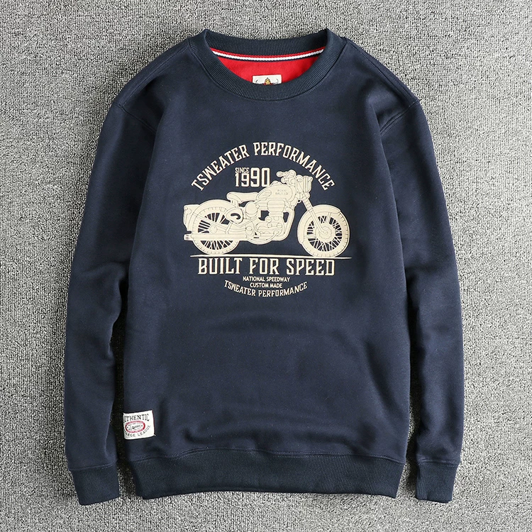 Autumn New American Retro Long Sleeve O-neck Motorcycle Printed Sweatshirts Men's Fashion Washed Terry Pullover Casual Sportwear