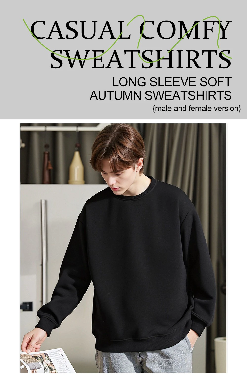 Autumn S-3XL Man Fashion Oversized Sweatshirt Street Casual Pullover Sport Crewneck Hoodless Long Sleeved New Basics Sportswears