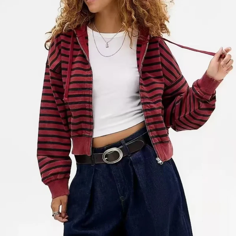 Vintage Red Black Stripe Full Zip Hoodie Women Men Y2K Aesthetic Loose Cropped Hooded Jacket Streetwear Long Sleeve Sweatshirt