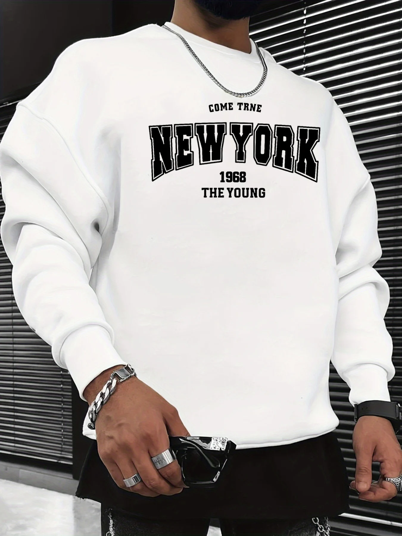 Men's Autumn and Winter Fashionable Casual Loose New York Letter Graphic Printed Long-Sleeved Round-Neck Sweatshirt