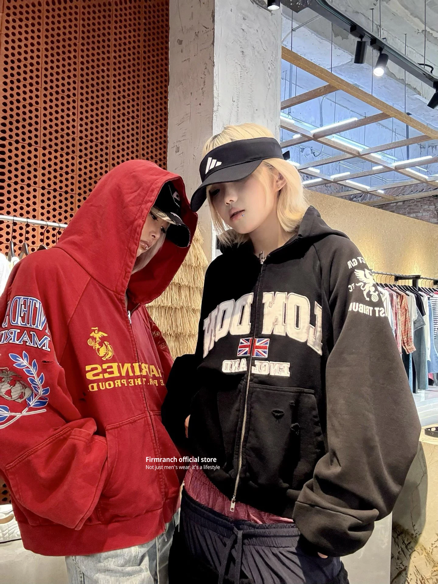 Firmranch 25ss Korean Fashion High Street Red Color Hoodies Jackets For Men Women Distressed Washed Zipper Hooded Sweatshirt