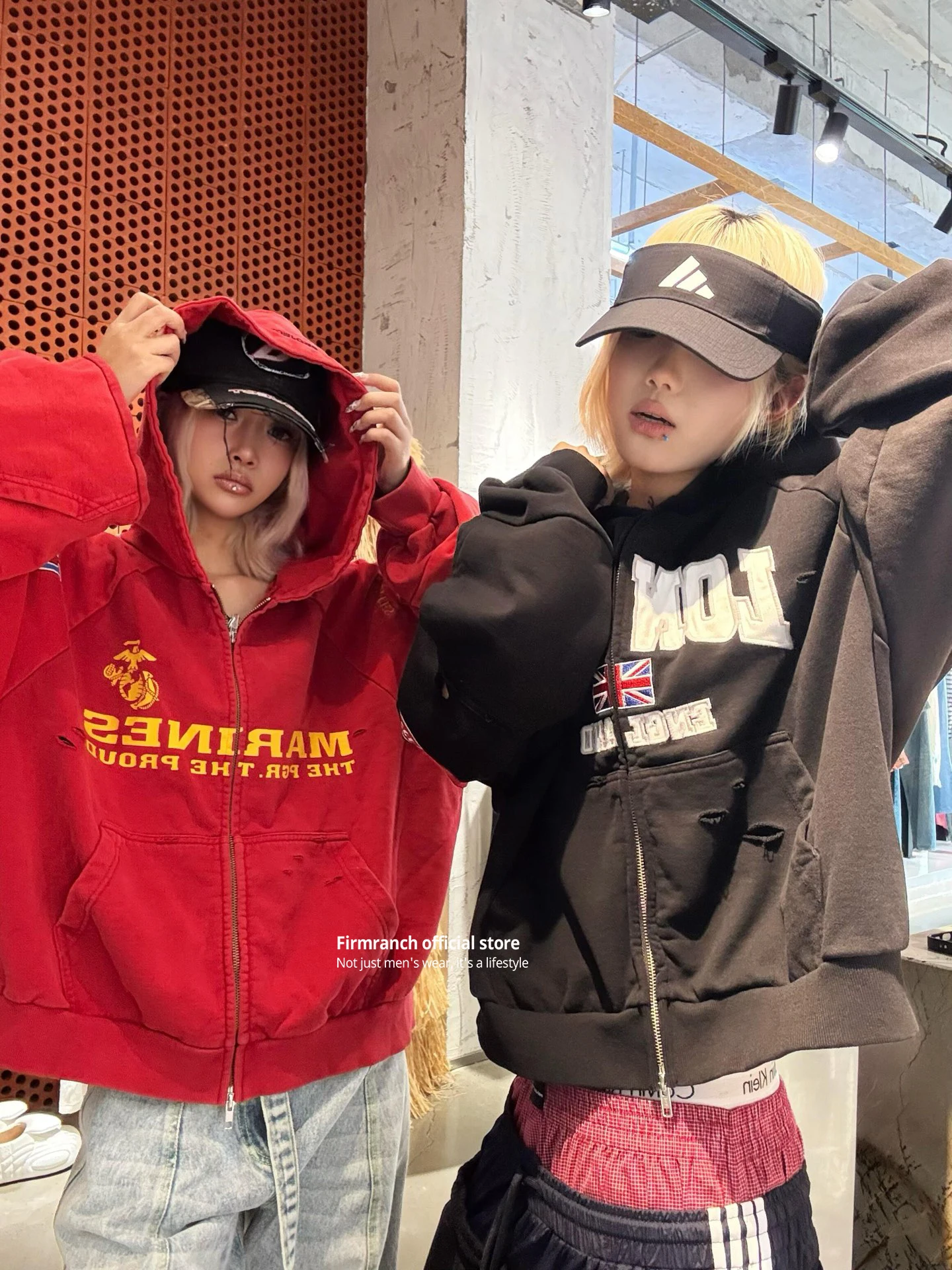 Firmranch 25ss Korean Fashion High Street Red Color Hoodies Jackets For Men Women Distressed Washed Zipper Hooded Sweatshirt
