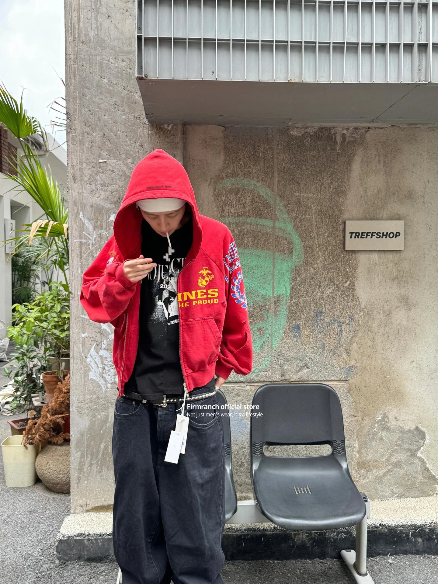 Firmranch 25ss Korean Fashion High Street Red Color Hoodies Jackets For Men Women Distressed Washed Zipper Hooded Sweatshirt