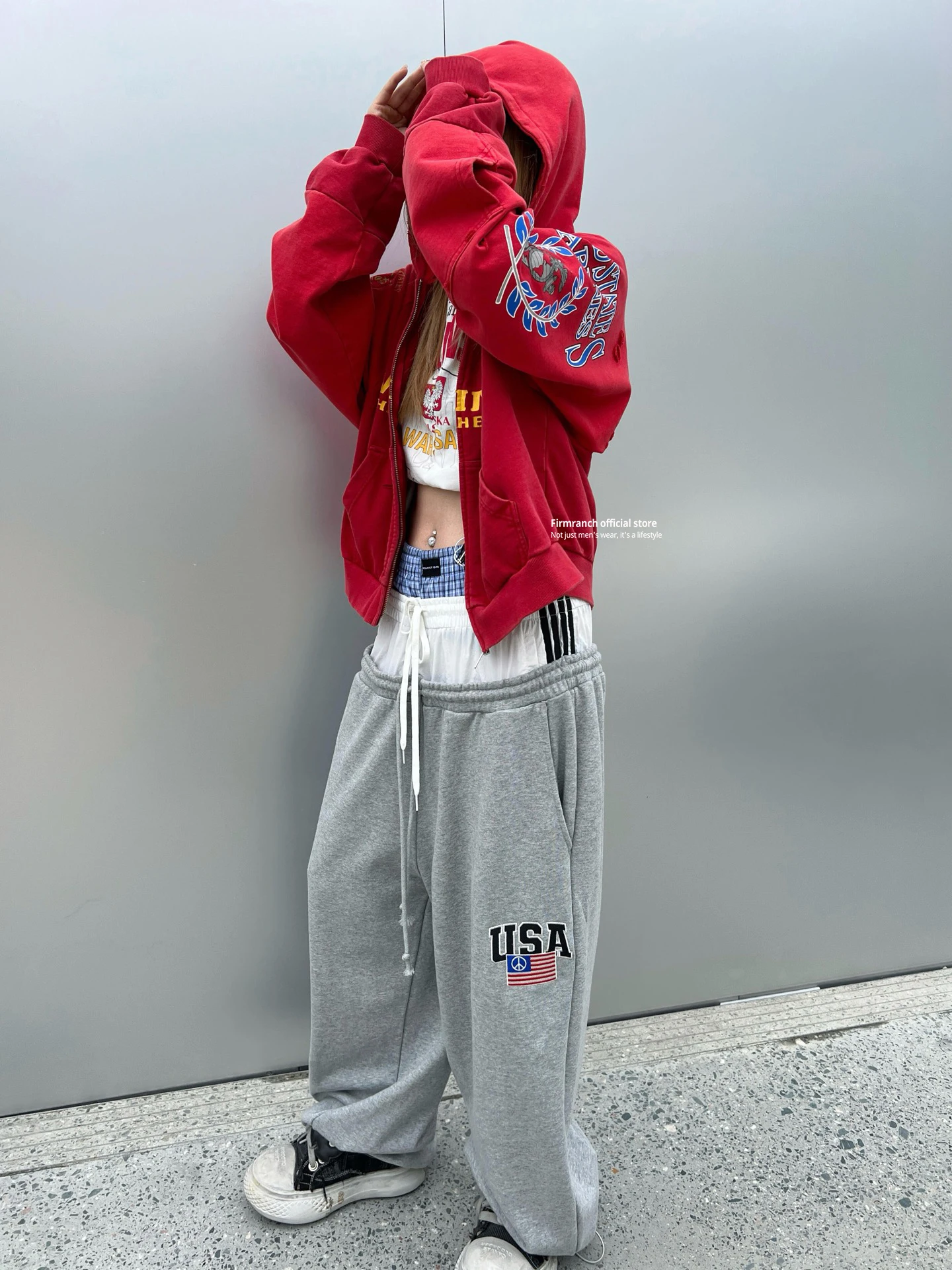 Firmranch 25ss Korean Fashion High Street Red Color Hoodies Jackets For Men Women Distressed Washed Zipper Hooded Sweatshirt