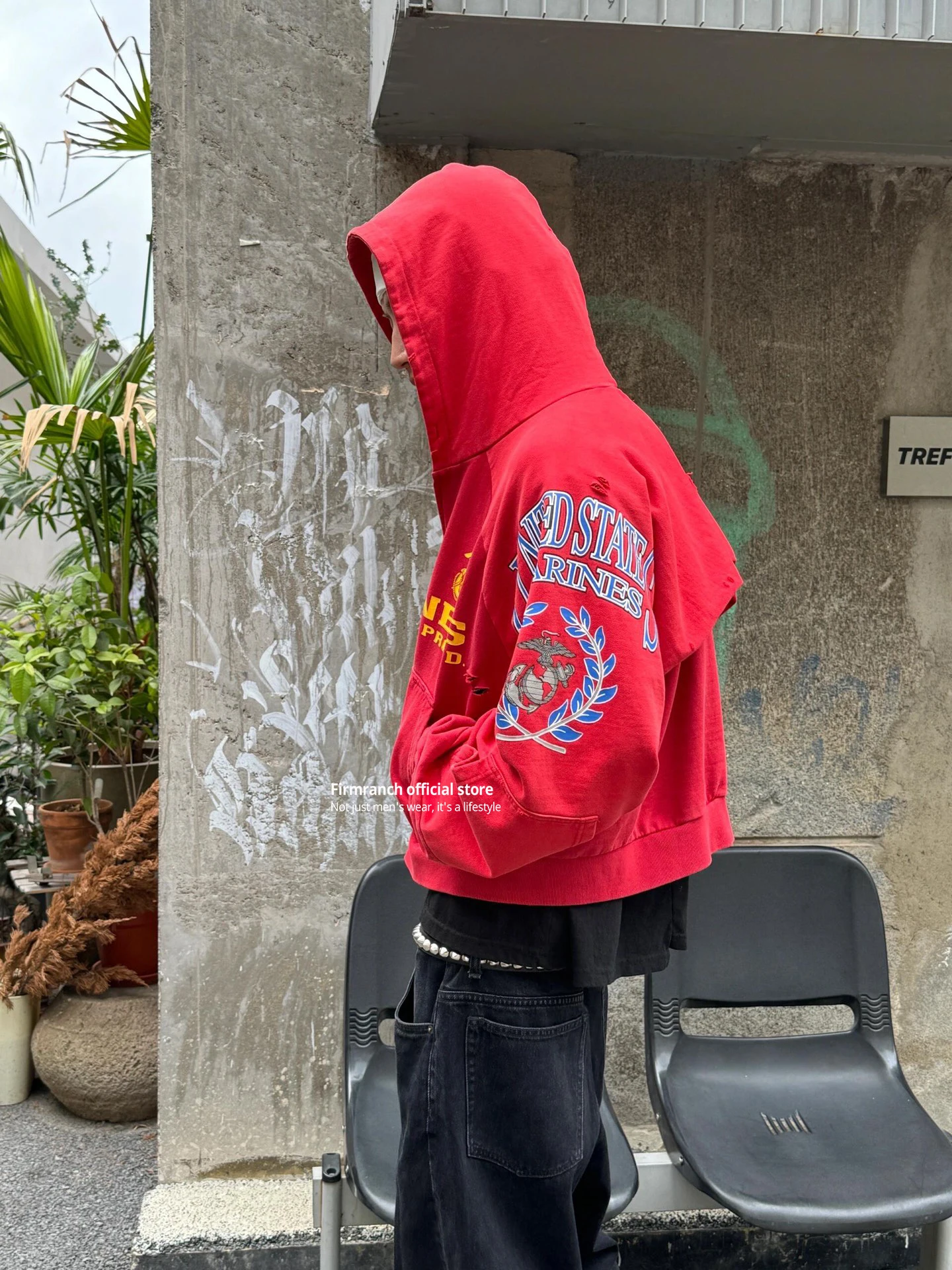 Firmranch 25ss Korean Fashion High Street Red Color Hoodies Jackets For Men Women Distressed Washed Zipper Hooded Sweatshirt