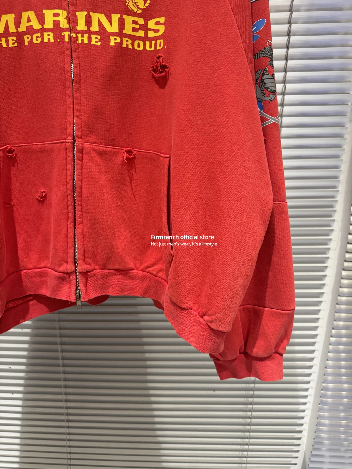 Firmranch 25ss Korean Fashion High Street Red Color Hoodies Jackets For Men Women Distressed Washed Zipper Hooded Sweatshirt