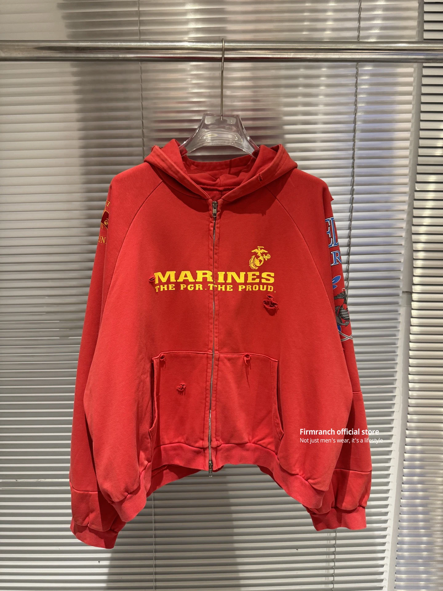 Firmranch 25ss Korean Fashion High Street Red Color Hoodies Jackets For Men Women Distressed Washed Zipper Hooded Sweatshirt
