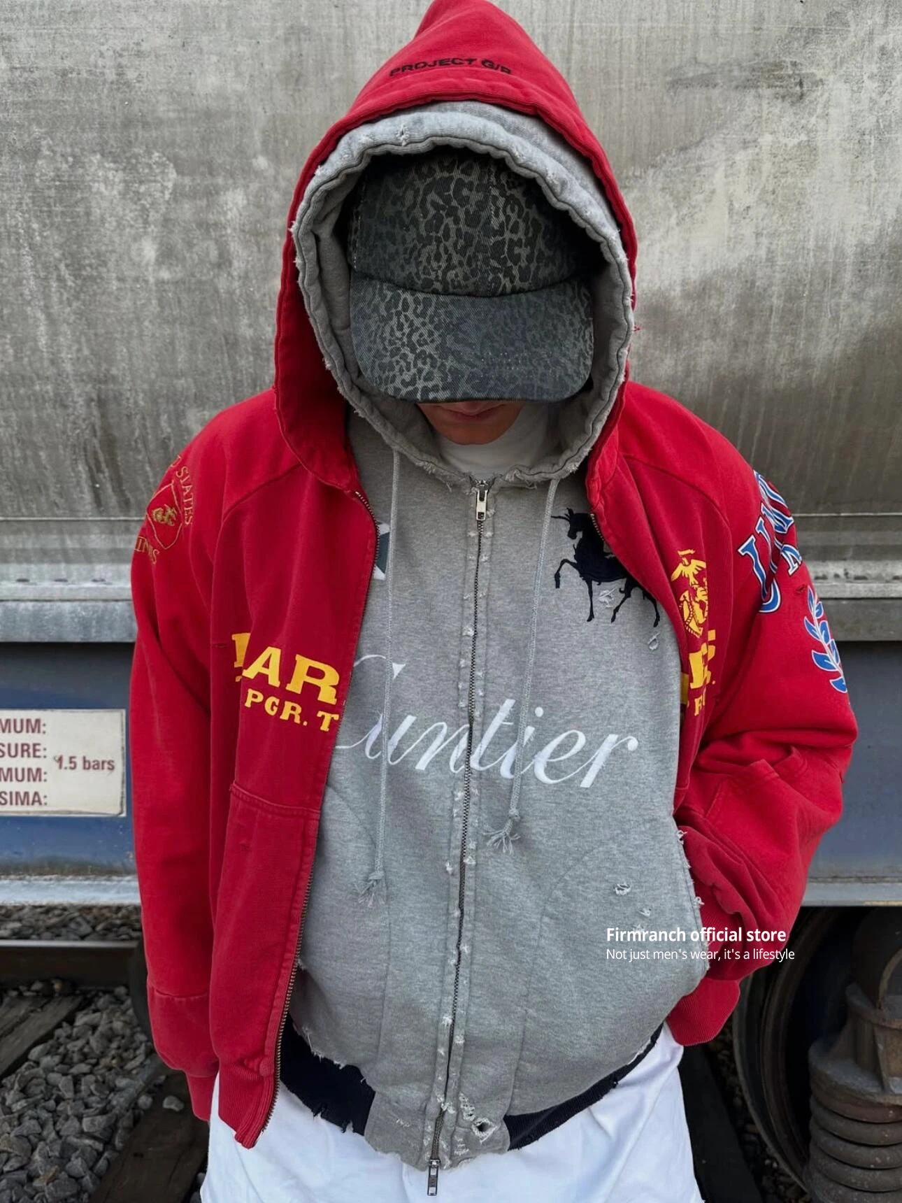 Firmranch 25ss Korean Fashion High Street Red Color Hoodies Jackets For Men Women Distressed Washed Zipper Hooded Sweatshirt