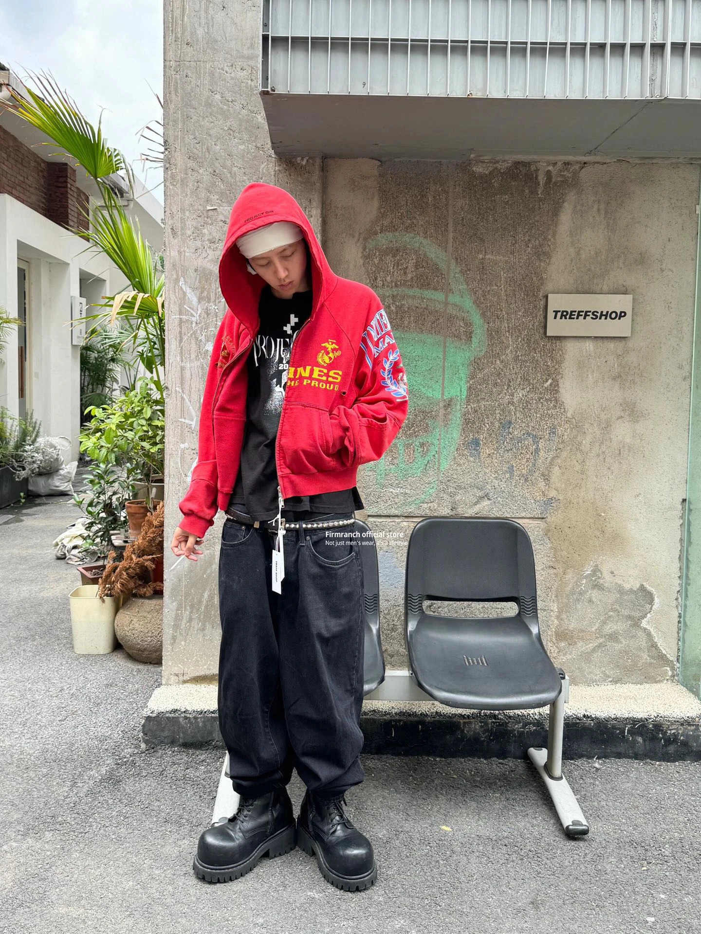Firmranch 25ss Korean Fashion High Street Red Color Hoodies Jackets For Men Women Distressed Washed Zipper Hooded Sweatshirt