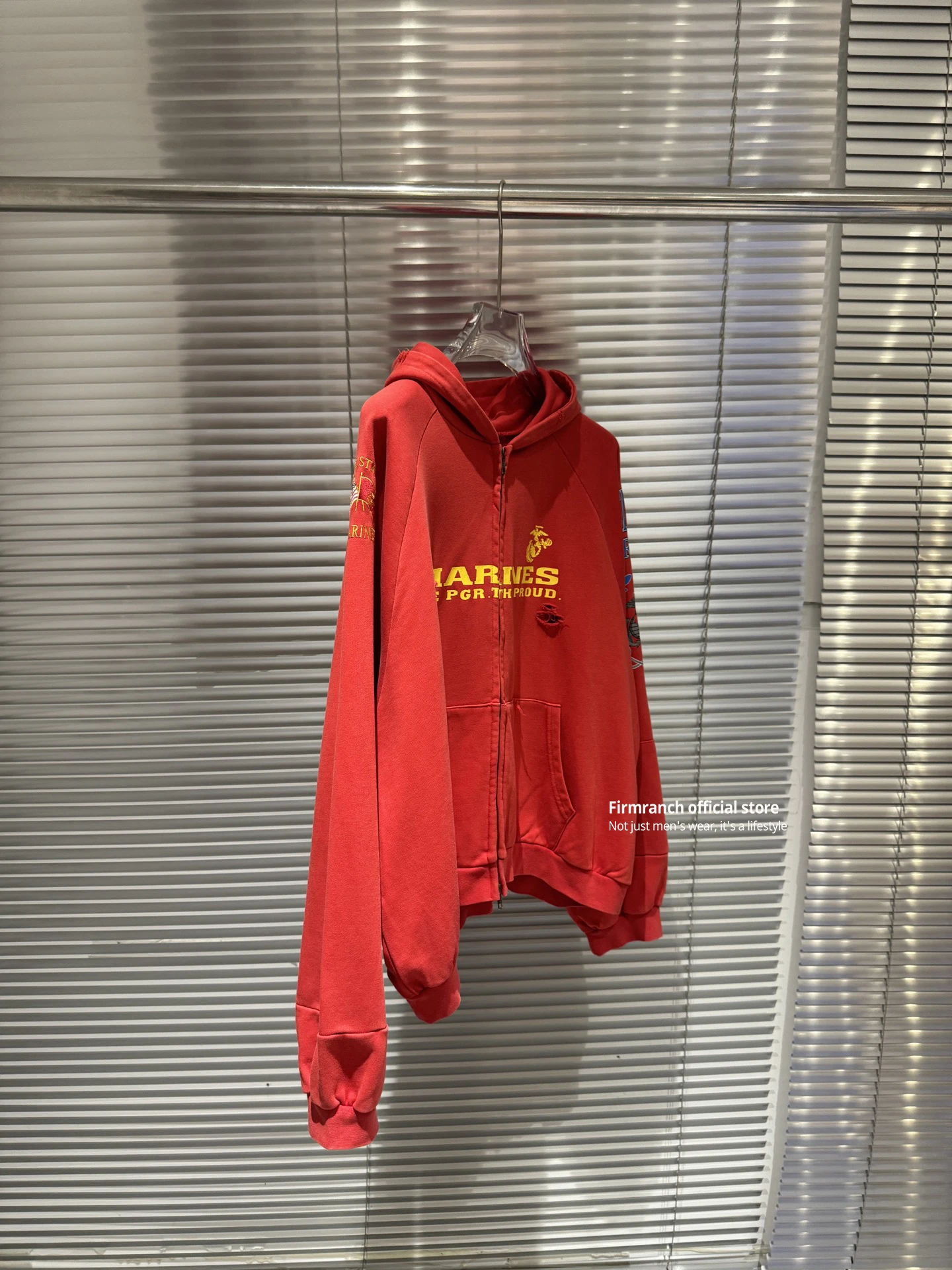 Firmranch 25ss Korean Fashion High Street Red Color Hoodies Jackets For Men Women Distressed Washed Zipper Hooded Sweatshirt