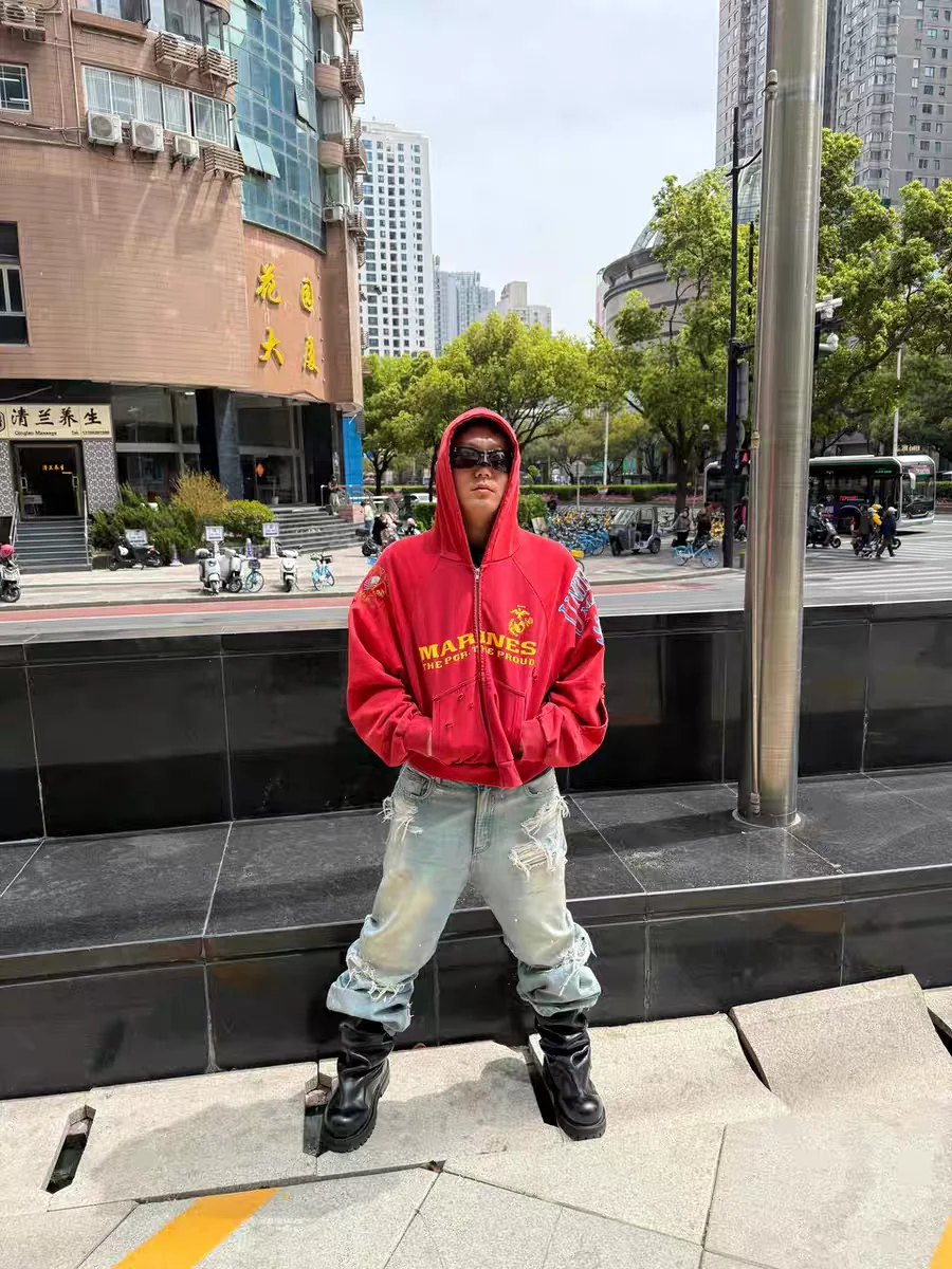 Firmranch 25ss Korean Fashion High Street Red Color Hoodies Jackets For Men Women Distressed Washed Zipper Hooded Sweatshirt
