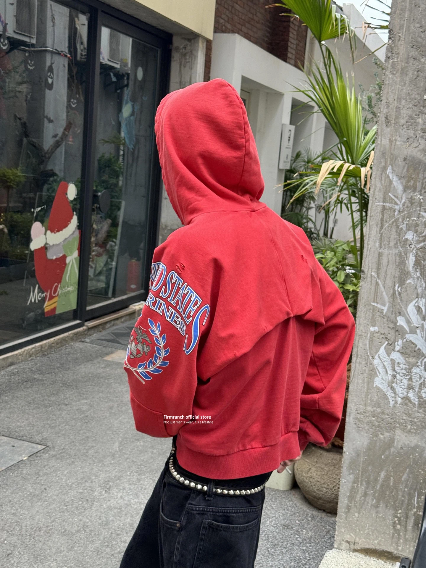 Firmranch 25ss Korean Fashion High Street Red Color Hoodies Jackets For Men Women Distressed Washed Zipper Hooded Sweatshirt