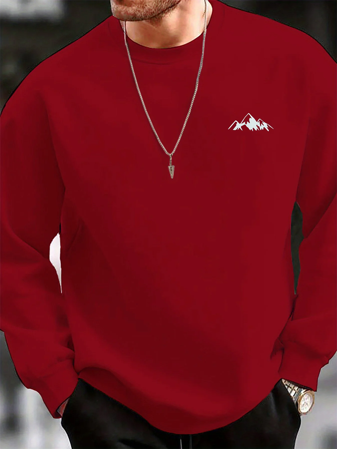 Men's Autumn and Winter Fashionable Casual Loose Mountain Graphic Print Long Sleeved Round Neck Sweatshirt