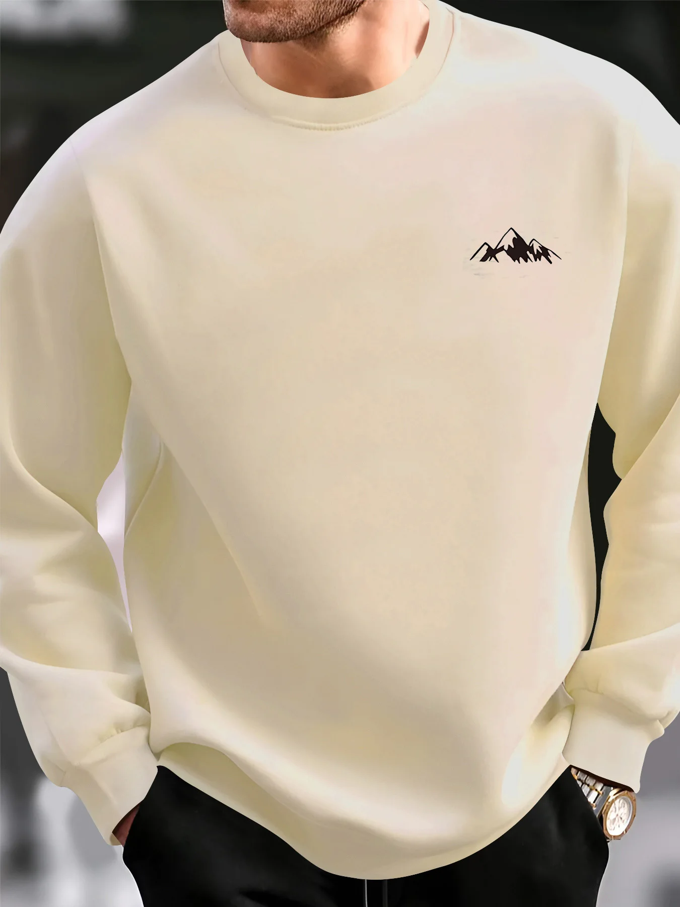 Men's Autumn and Winter Fashionable Casual Loose Mountain Graphic Print Long Sleeved Round Neck Sweatshirt