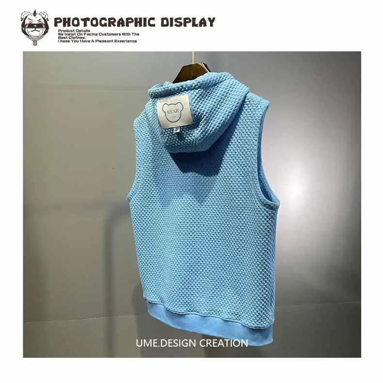 Men's Jacquard Vest Summer Hooded Sweatshirt Sleeveless T-shirt Sports Waistcoat Solid Zipper Pockets Drawstring Sweater Tops