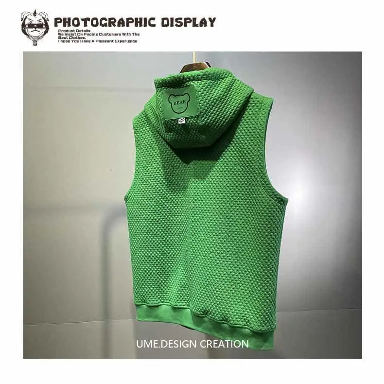 Men's Jacquard Vest Summer Hooded Sweatshirt Sleeveless T-shirt Sports Waistcoat Solid Zipper Pockets Drawstring Sweater Tops