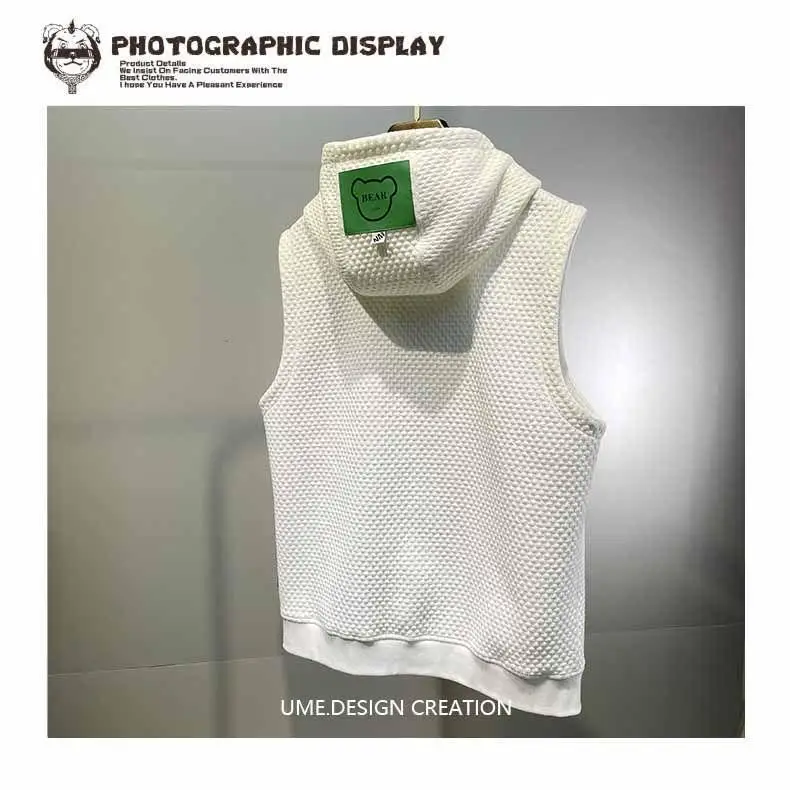 Men's Jacquard Vest Summer Hooded Sweatshirt Sleeveless T-shirt Sports Waistcoat Solid Zipper Pockets Drawstring Sweater Tops