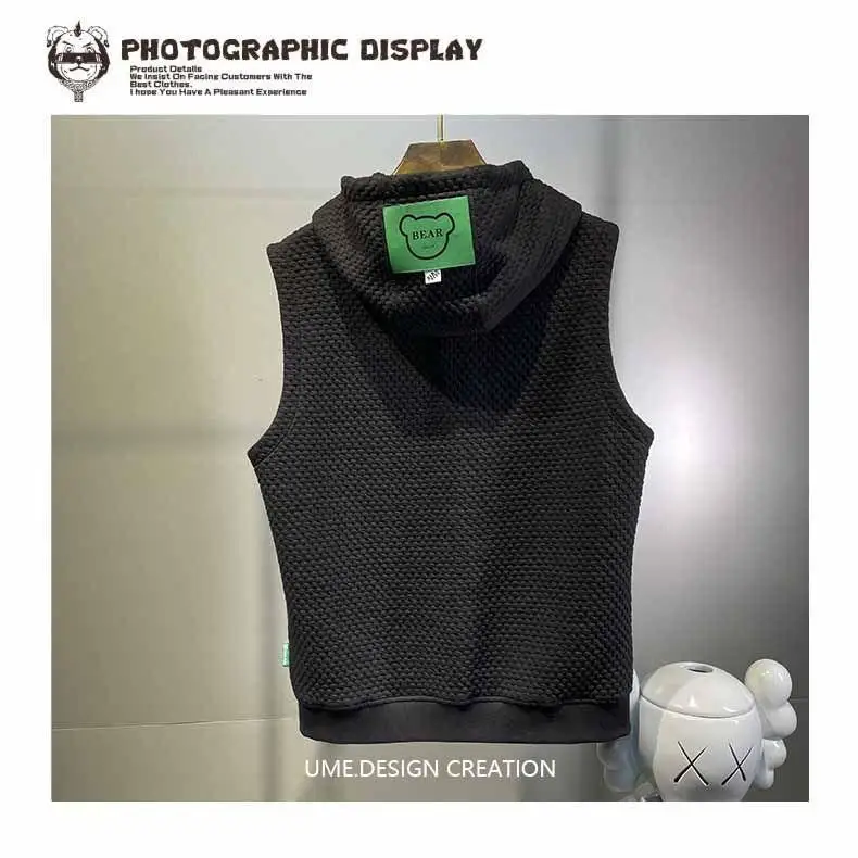 Men's Jacquard Vest Summer Hooded Sweatshirt Sleeveless T-shirt Sports Waistcoat Solid Zipper Pockets Drawstring Sweater Tops