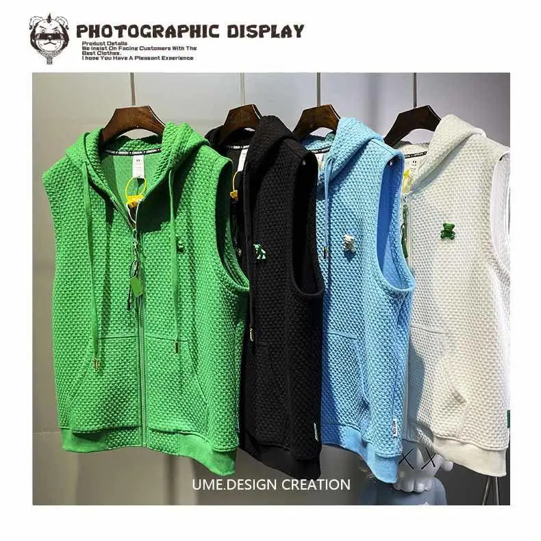 Men's Jacquard Vest Summer Hooded Sweatshirt Sleeveless T-shirt Sports Waistcoat Solid Zipper Pockets Drawstring Sweater Tops