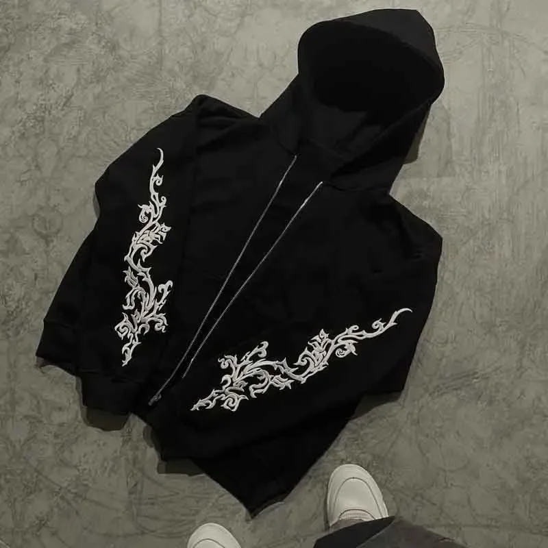 Mens Hoodie Harajuku Y2K Vine Embroidered High Street Washed Black Gray Sweatshirt Gothic Casual Streetwear Loose Fit Fashion