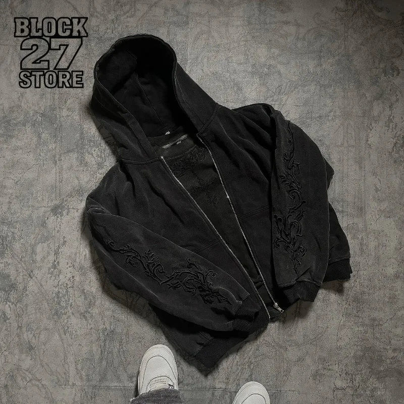 Mens Hoodie Harajuku Y2K Vine Embroidered High Street Washed Black Gray Sweatshirt Gothic Casual Streetwear Loose Fit Fashion