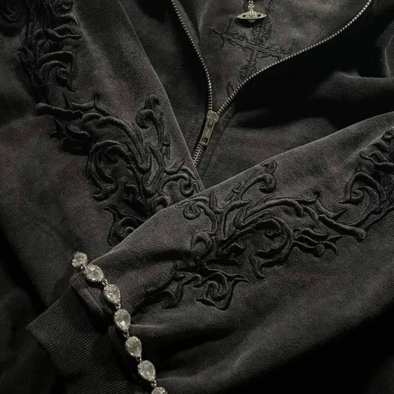 Mens Hoodie Harajuku Y2K Vine Embroidered High Street Washed Black Gray Sweatshirt Gothic Casual Streetwear Loose Fit Fashion