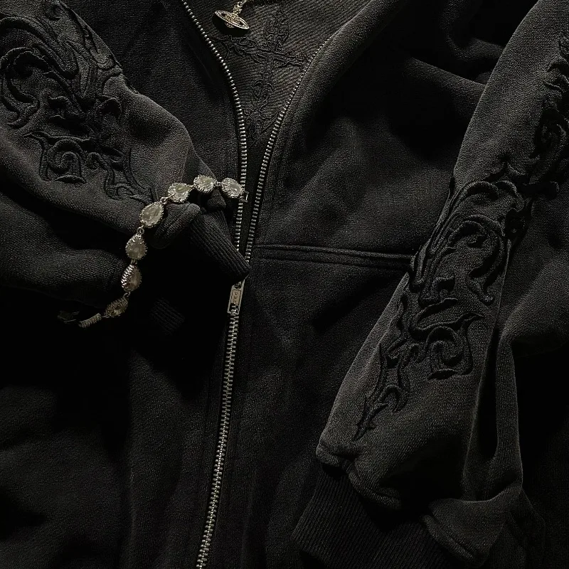 Mens Hoodie Harajuku Y2K Vine Embroidered High Street Washed Black Gray Sweatshirt Gothic Casual Streetwear Loose Fit Fashion