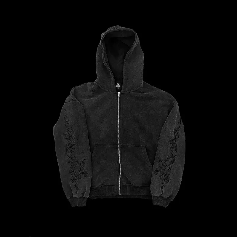 Mens Hoodie Harajuku Y2K Vine Embroidered High Street Washed Black Gray Sweatshirt Gothic Casual Streetwear Loose Fit Fashion
