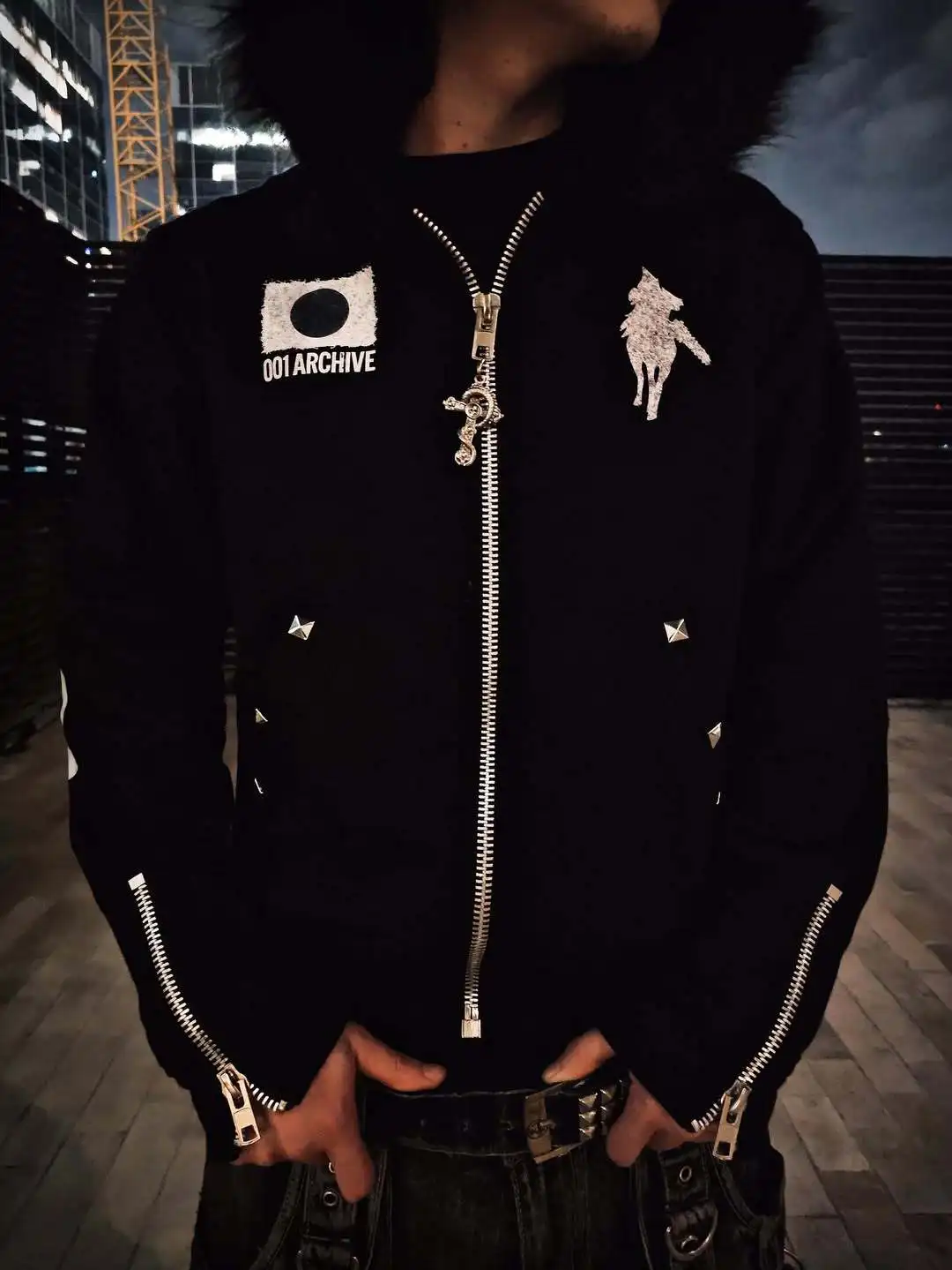 Y2K Japanese Harajuku streetwear European youth rivet fashion wool pullover men's urban casual hooded hip-hop printed sweatshirt