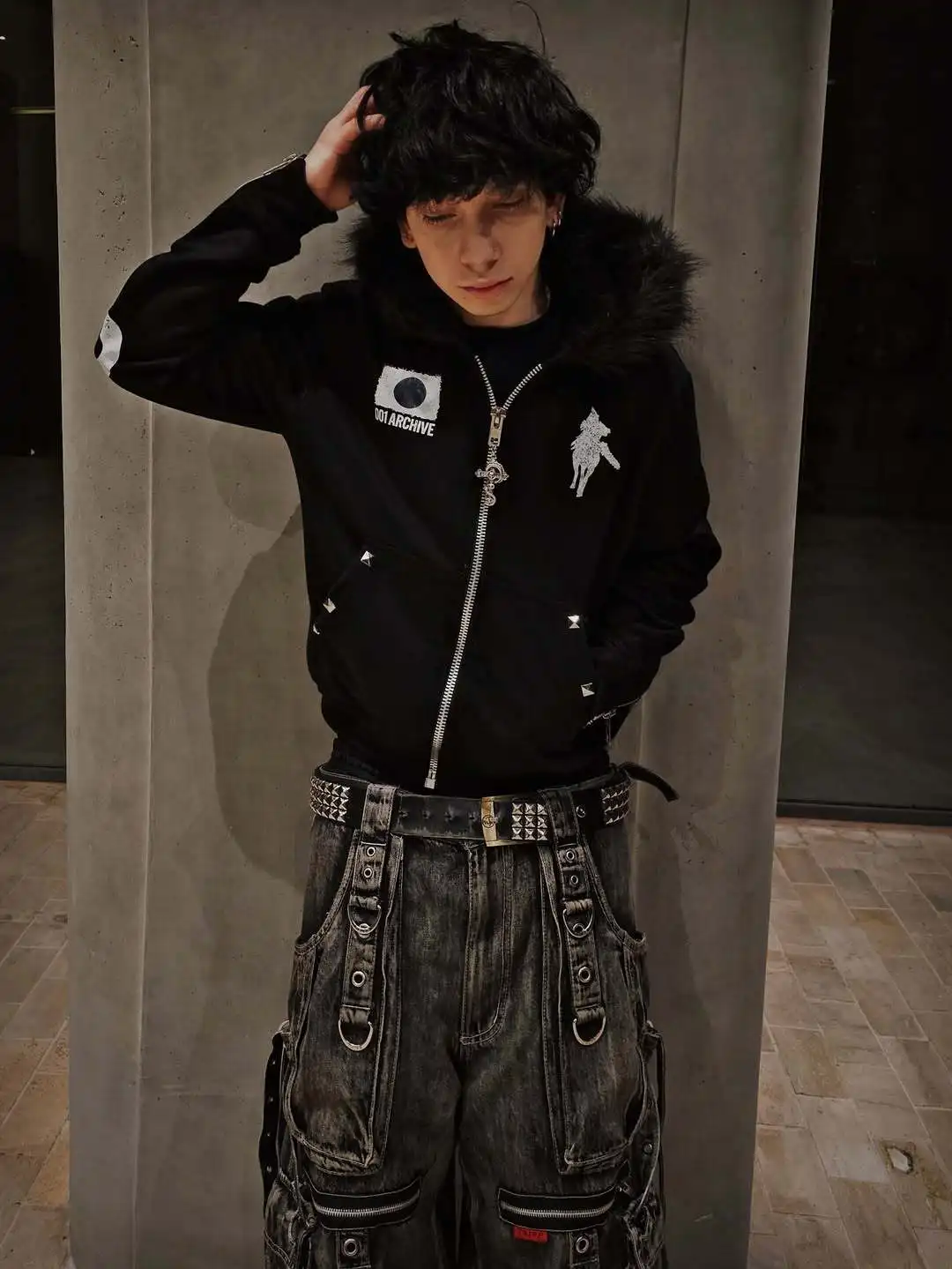 Y2K Japanese Harajuku streetwear European youth rivet fashion wool pullover men's urban casual hooded hip-hop printed sweatshirt