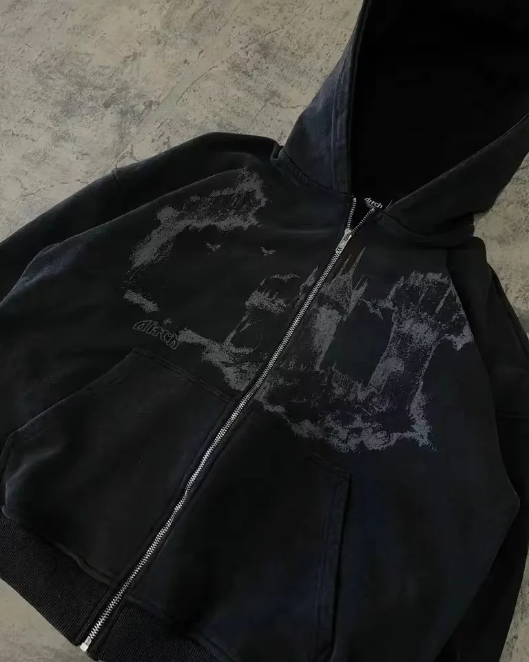 Vintage Portrait Print White Zip Hoodie Y2K Hip Hop Streetwear Embroidery Hood Sweatshirt Autumn Winter Warm coat Men Clothing