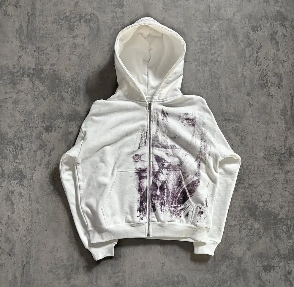 Vintage Portrait Print White Zip Hoodie Y2K Hip Hop Streetwear Embroidery Hood Sweatshirt Autumn Winter Warm coat Men Clothing