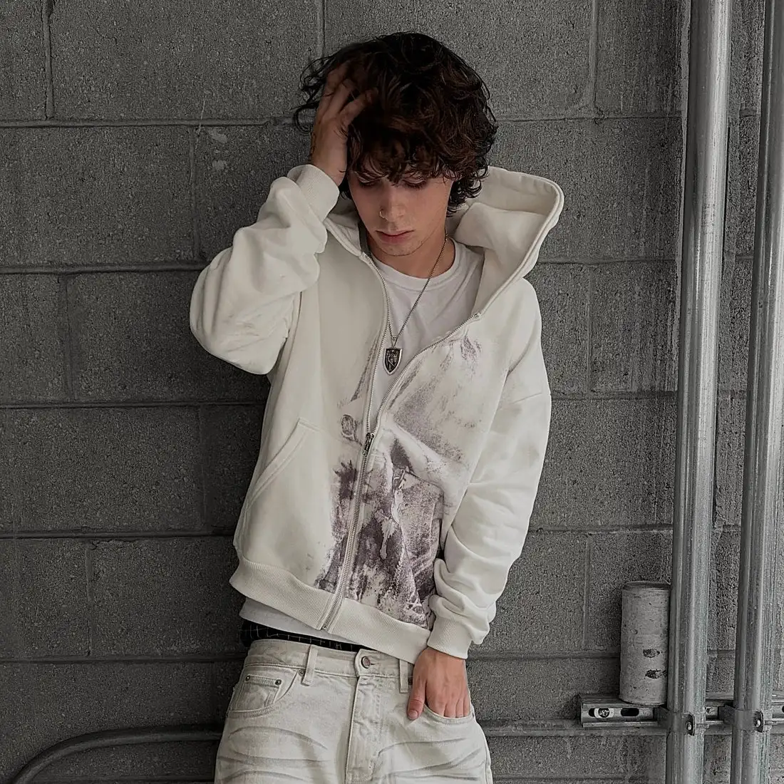 Vintage Portrait Print White Zip Hoodie Y2K Hip Hop Streetwear Embroidery Hood Sweatshirt Autumn Winter Warm coat Men Clothing