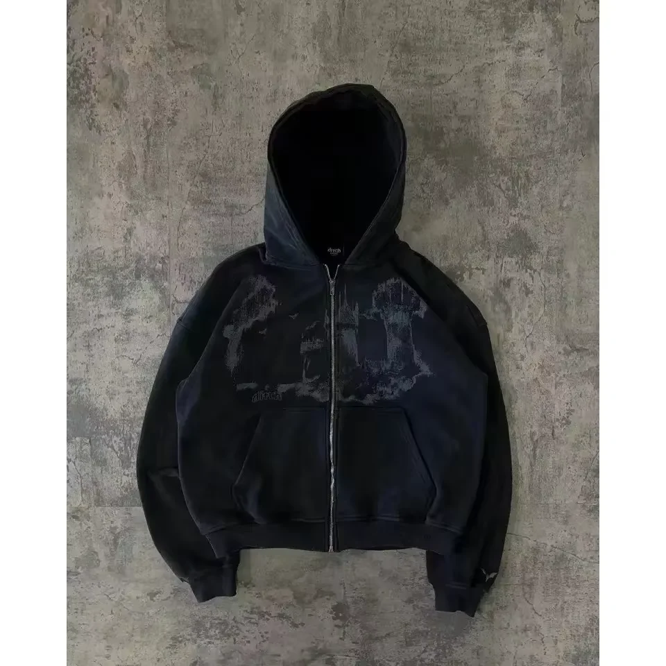 Vintage Portrait Print White Zip Hoodie Y2K Hip Hop Streetwear Embroidery Hood Sweatshirt Autumn Winter Warm coat Men Clothing
